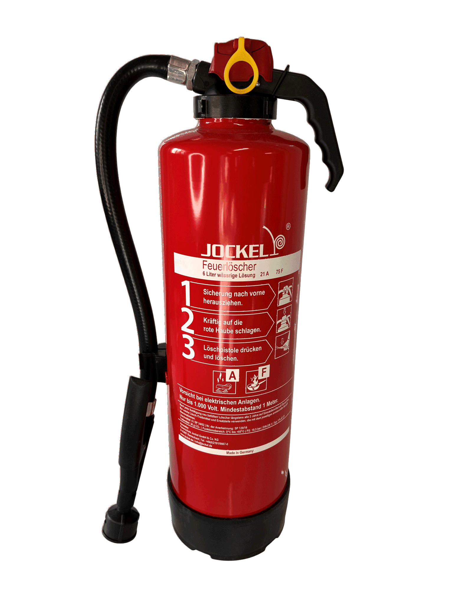 Roter 6 Liter Fettbrand-Feuerlöscher für die Brandklassen A, B und F mit Schlauch und Löschpistole.