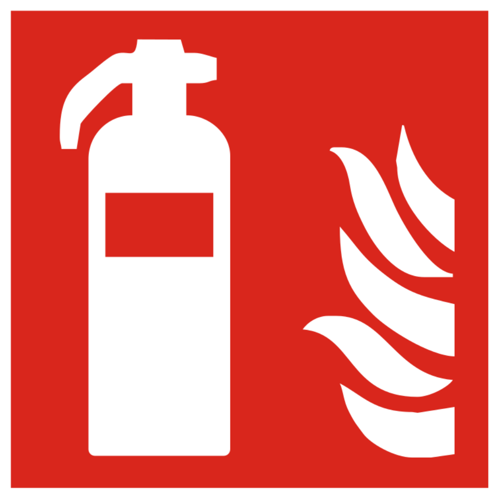 Rotes Brandschutzzeichen Feuerlöscher mit weißem Piktogramm F001 nach DIN EN ISO 7010.