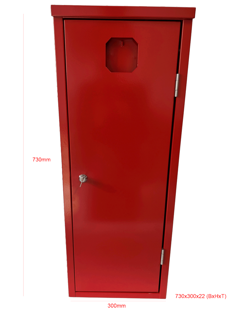 Roter Feuerlöscher-Schrank aus Stahlblech mit Zylinderschloss und integriertem Schlüsselfach.“