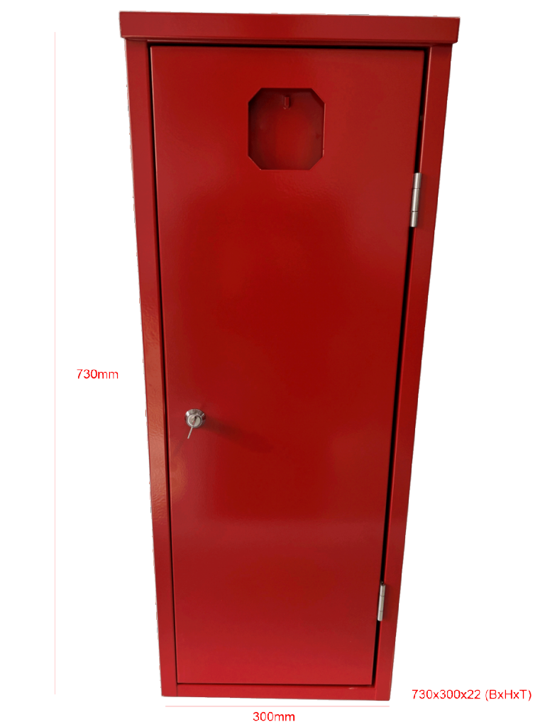 Roter Feuerlöscher-Schrank aus Stahlblech mit Zylinderschloss und integriertem Schlüsselfach.“