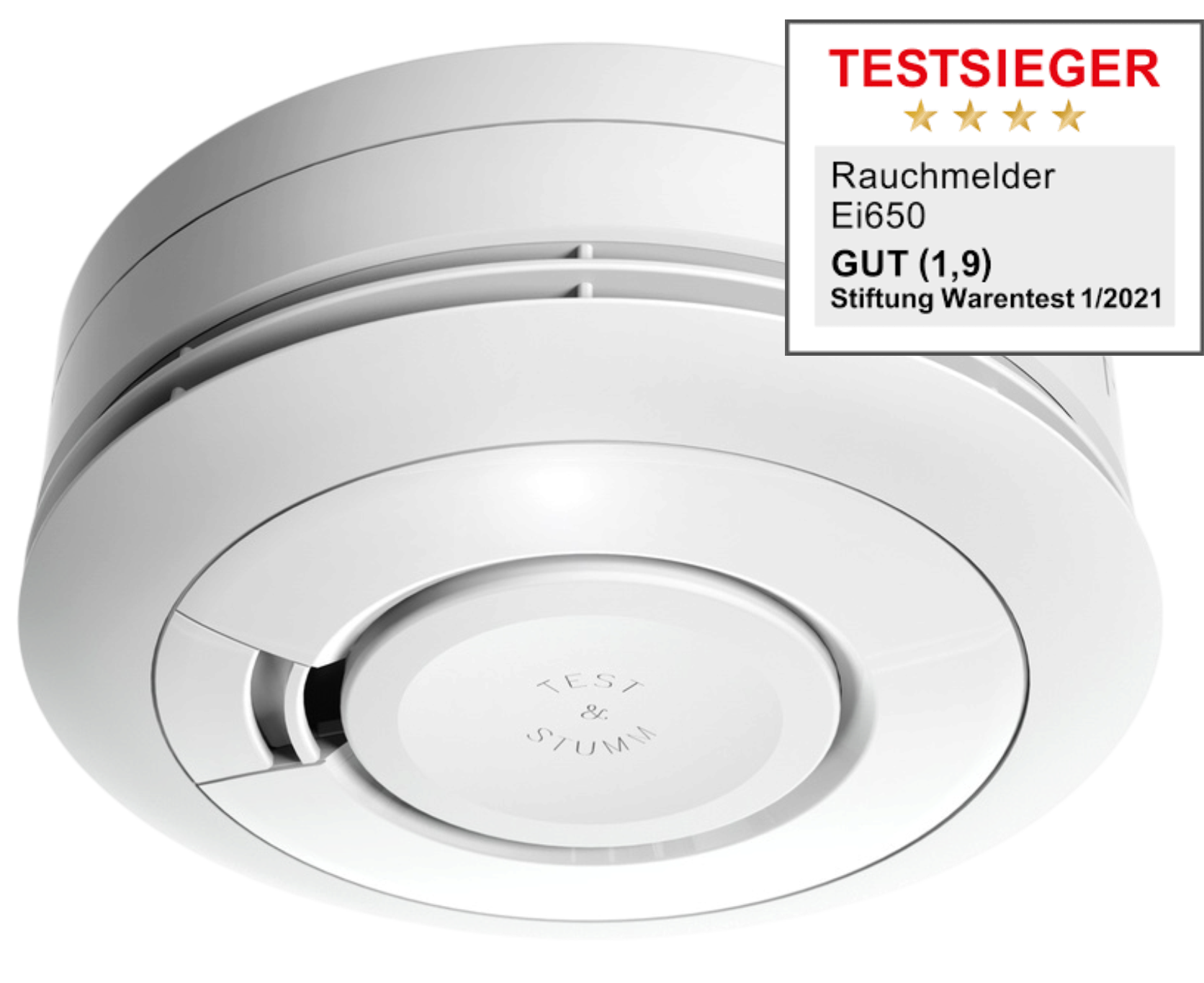 Weißer Rauchwarnmelder Ei Electronics Ei650i mit integrierter 10-Jahres-Batterie.