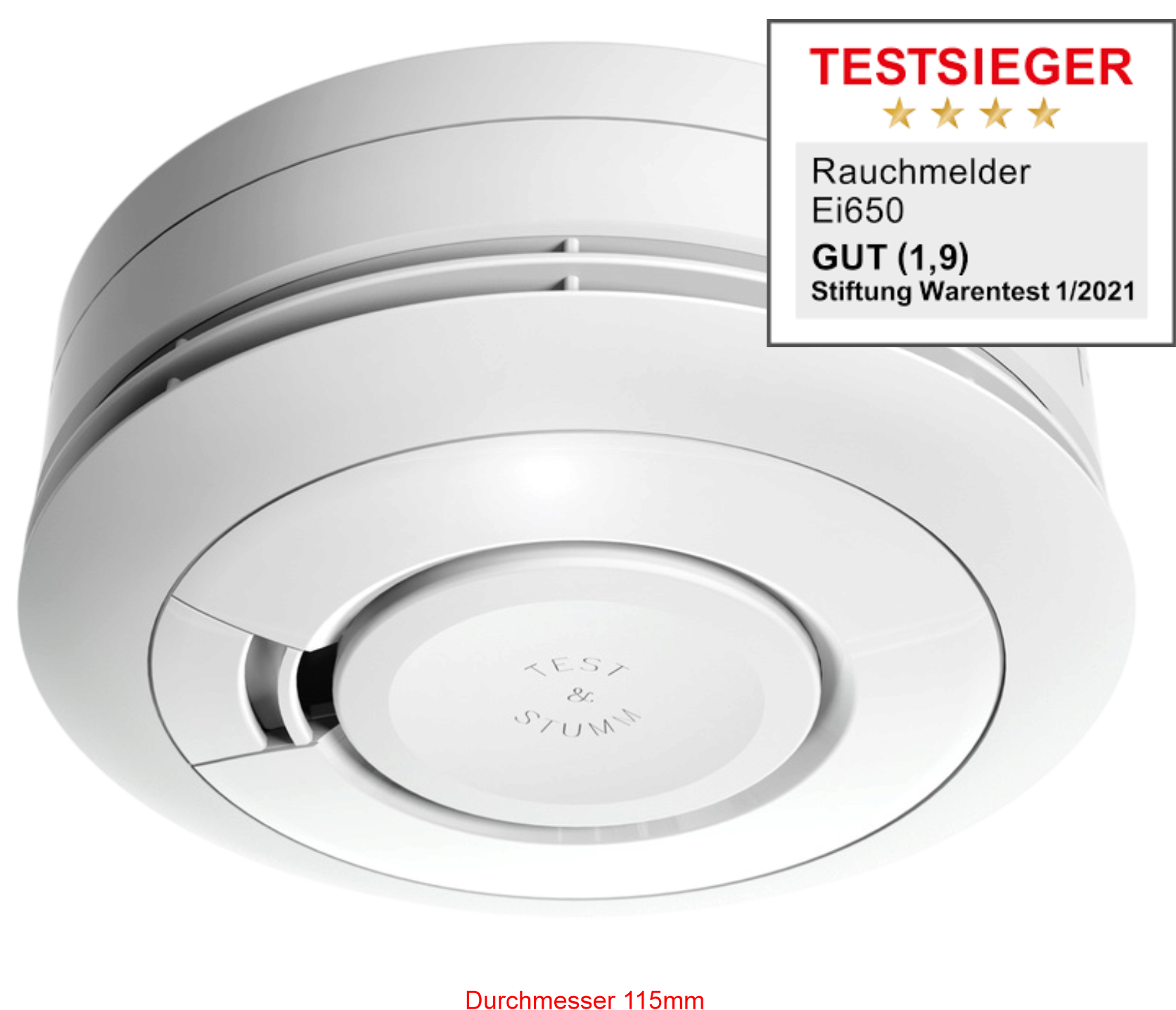 Weißer Rauchwarnmelder Ei Electronics Ei650i mit integrierter 10-Jahres-Batterie.