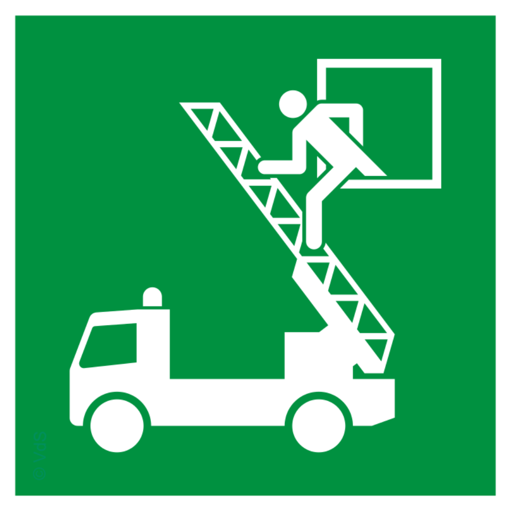 Brandschutzshop Rostek Rettungsschild Rettungsfenster "Drehleiter", nach ISO 7010 E 017, Kunststoff langnachleuchtend, in den Maßen 200x200mm