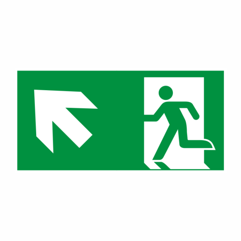 Rettungswegschild "links aufwärts", nach ISO 7010 / E 001 + E 005 ISO 3864-3, Kunststoff langnachleuchtend, in den Maßen 297x148mm + 400x200mm
