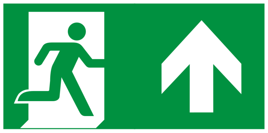 Grünes langnachleuchtendes Fluchtwegschild Rettungsweg geradeaus mit Pfeil nach oben gemäß DIN EN ISO 7010.