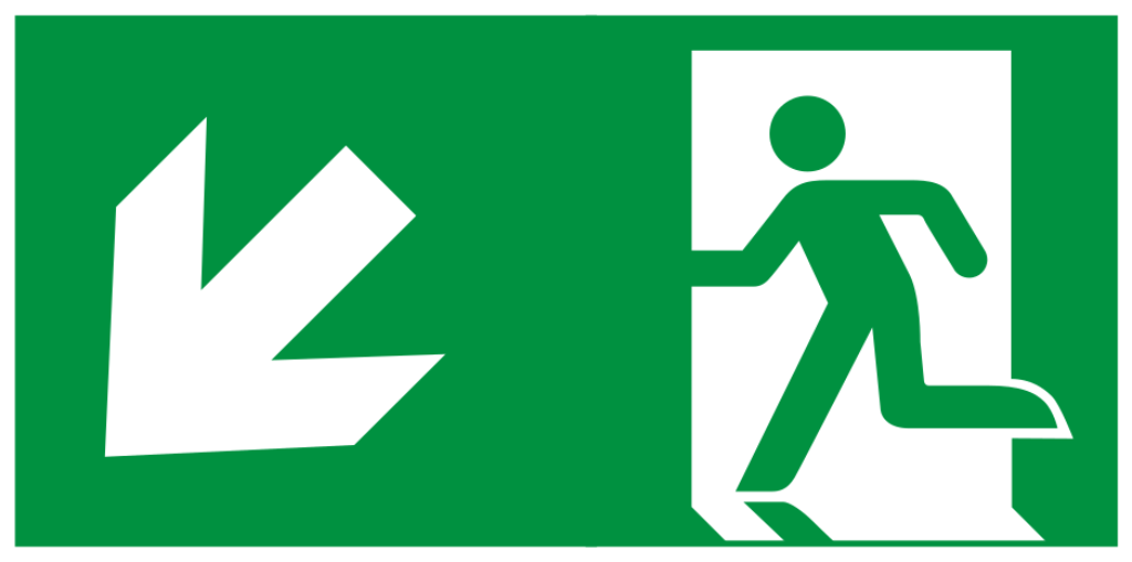 Grünes langnachleuchtendes Fluchtwegschild Rettungsweg links abwärts nach DIN EN ISO 7010