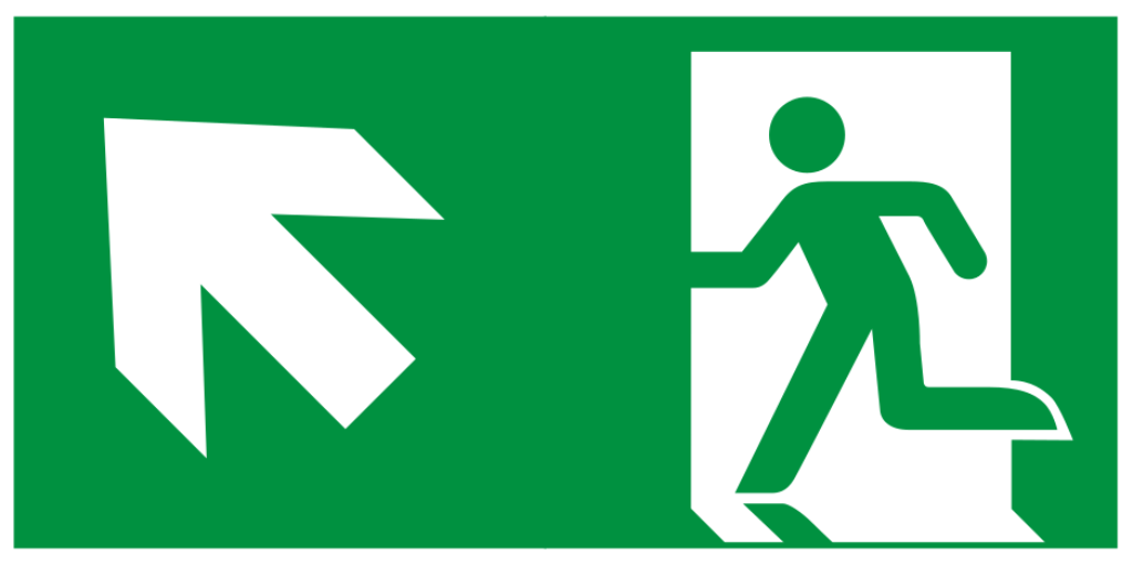 Grünes langnachleuchtendes Fluchtwegschild Rettungsweg links aufwärts nach DIN EN ISO 7010.