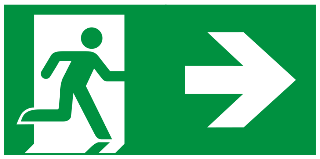 Grünes langnachleuchtendes Fluchtwegschild Rettungsweg nach rechts mit Pfeil nach DIN EN ISO 7010.