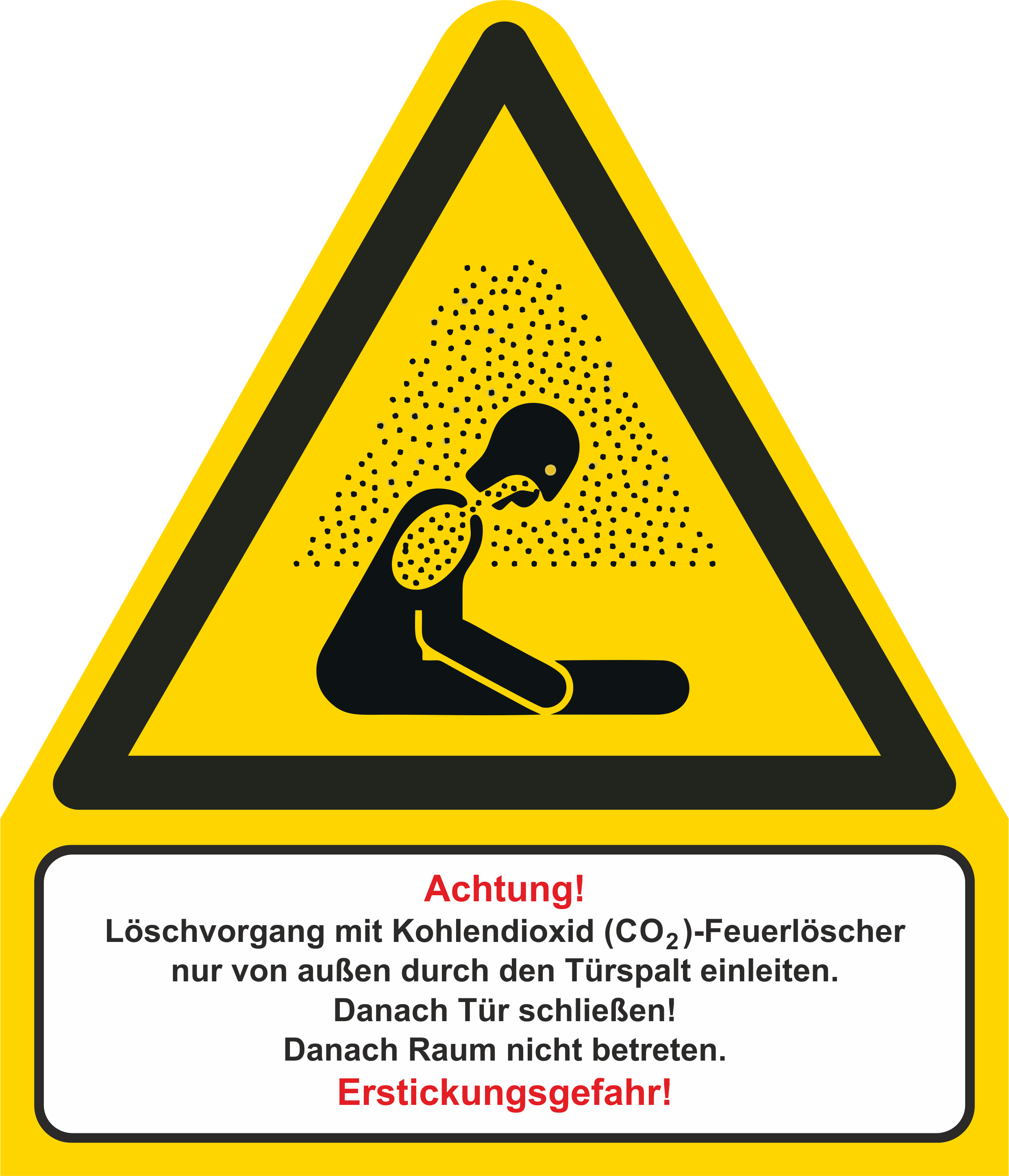 Gelb-blaues Kombischild Warnung vor Erstickungsgefahr und Löschvorgang von innen .Nach ISO 7010 / W 041