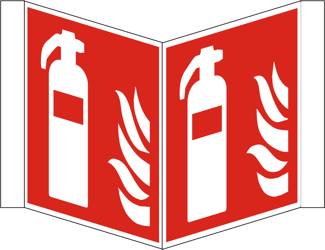 Zweiseitiges rotes Nasenschild Feuerlöscher mit weißem Piktogramm F001 nach DIN EN ISO 7010.