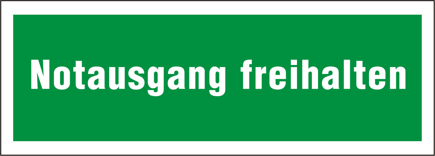Grünes Rettungsschild Notausgang freihalten mit weißem Piktogramm und Text nach DIN EN ISO 7010
